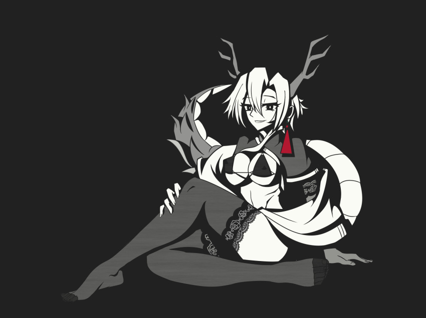 1boy alternate_costume antlers bangs bikini bikini_under_clothes black_bikini breasts covered_nipples crossed_legs dragon_girl dragon_horns dragon_tail duojiaomaotou-tougarashi earrings full_body greyscale hair_between_eyes highres horns jewelry kicchou_yachie lace-trimmed_legwear lace_trim looking_at_viewer medium_breasts monochrome open_mouth short_hair simple_background sitting smile solo spot_color swimsuit tail thighhighs touhou