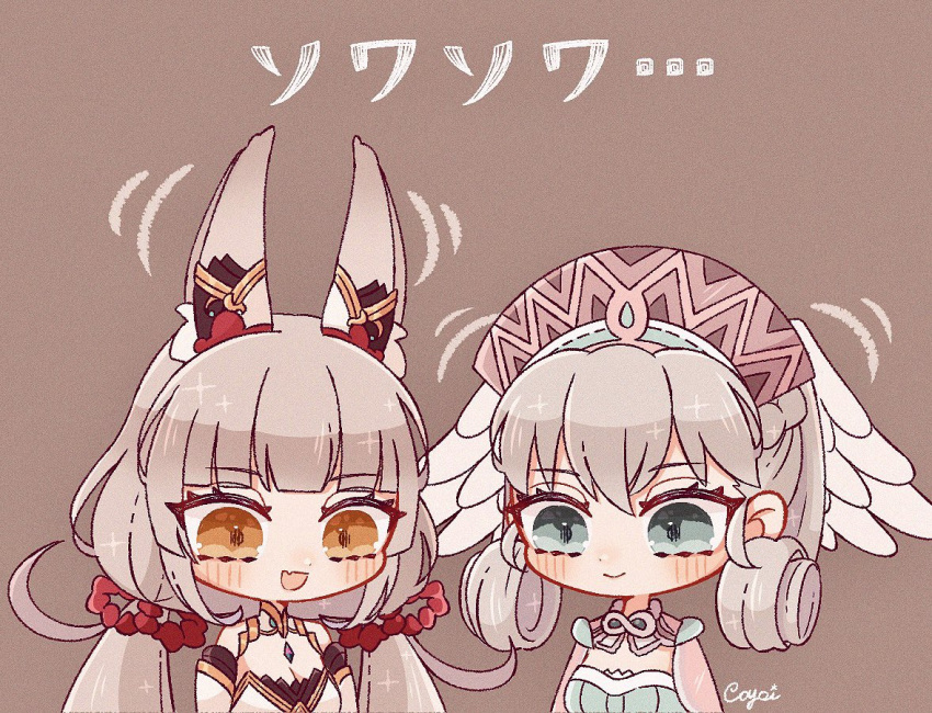 2girls animal_ears breasts cape chest_jewel chibi cleavage co_09vrg facial_mark hat head_wings long_hair low_twintails melia_antiqua multiple_girls nia_(blade)_(xenoblade) nia_(xenoblade) small_breasts twintails very_long_hair xenoblade_chronicles_(series) xenoblade_chronicles_1 xenoblade_chronicles_2 yellow_eyes