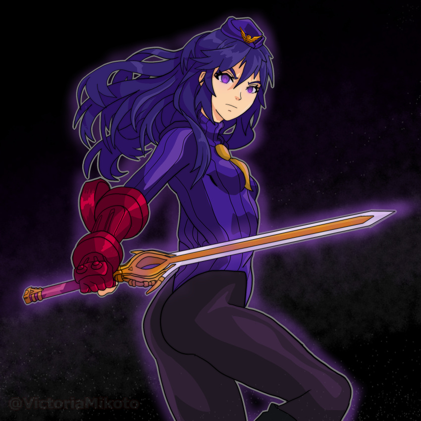 1girl aura blue_eyes blue_hair bodysuit boots corruption empty_eyes enemy_conversion fire_emblem gauntlets glowing glowing_eyes hat highres leather leather_boots leotard looking_at_viewer lucina_(fire_emblem) mind_control necktie non-web_source shadaloo_dolls simple_background street_fighter sword weapon