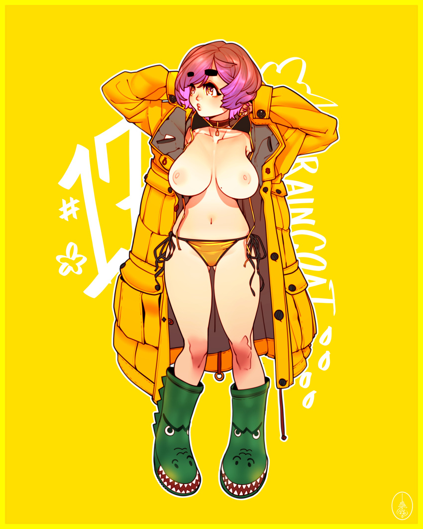 1girl absurdres arms_behind_head ass_visible_through_thighs breasts brown_eyes brown_hair cheunchin choker coat crocodile_print english_commentary fingernails flashing full_body green_footwear highres large_breasts long_coat looking_to_the_side mismatched_eyebrows mole mole_on_breast navel nearly_naked_coat open_clothes open_coat original panties pigeon-toed print_footwear puckered_lips puffy_nipples rain_boots raincoat short_hair side-tie_panties solo standing thick_eyebrows thigh_gap underwear yellow_background yellow_coat yellow_panties