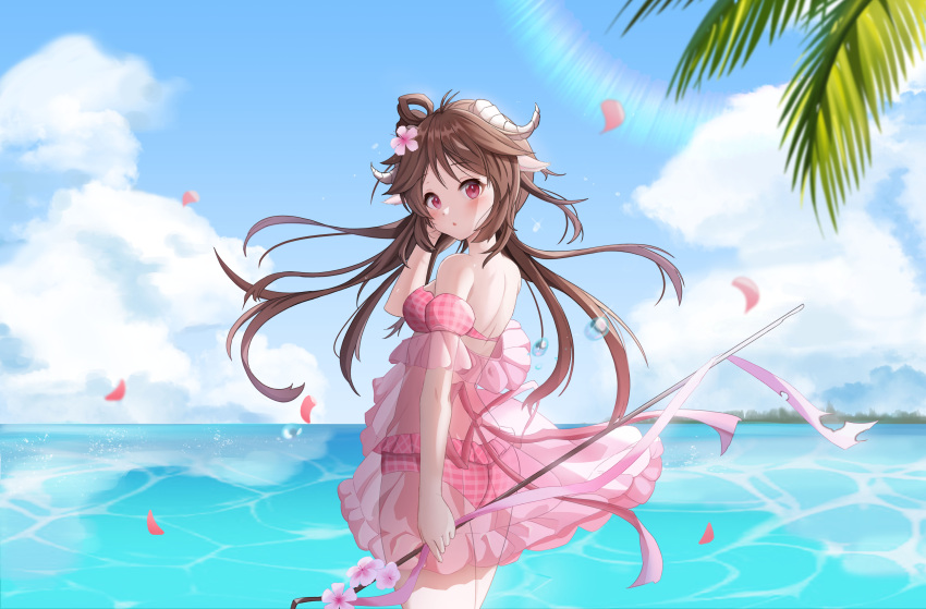 1girl absurdres animal_ears antenna_hair arknights b_grade bikini blue_sky brown_hair cloud cloudy_sky cowboy_shot day eyjafjalla_(arknights) eyjafjalla_(summer_flowers)_(arknights) falling_petals flower from_behind hair_flower hair_ornament hand_in_own_hair highres horns long_hair looking_at_viewer looking_back off-shoulder_bikini off_shoulder official_alternate_costume outdoors palm_leaf petals pink_bikini pink_eyes pink_flower pink_sarong sarong see-through_sarong sheep_ears sheep_girl sheep_horns sky smile solo sun swimsuit water
