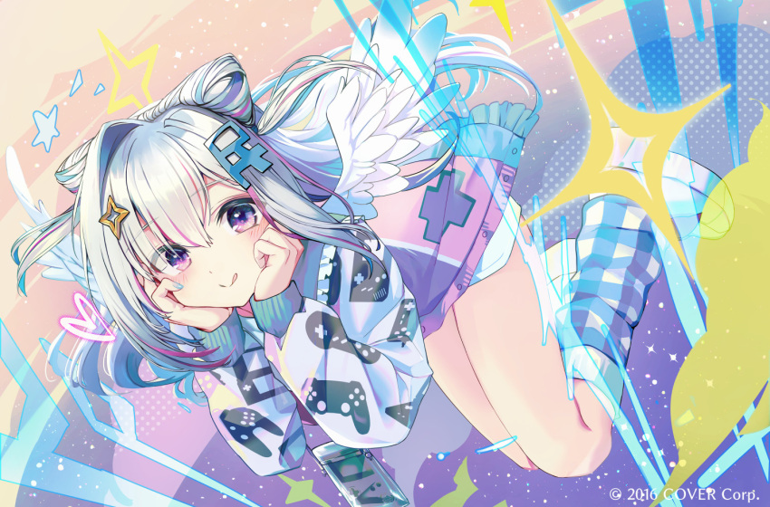 1girl :q amane_kanata angel_wings bangs blue_hair blue_nails blush closed_mouth frilled_shirt_collar frills full_body hair_between_eyes hair_ornament hands_up hololive jacket kagawa_ichigo kneehighs long_hair long_sleeves looking_at_viewer multicolored_hair nail_polish official_art pink_eyes pink_hair print_jacket shoes smile solo star_(symbol) star_hair_ornament streaked_hair tongue tongue_out two_side_up virtual_youtuber white_hair wings