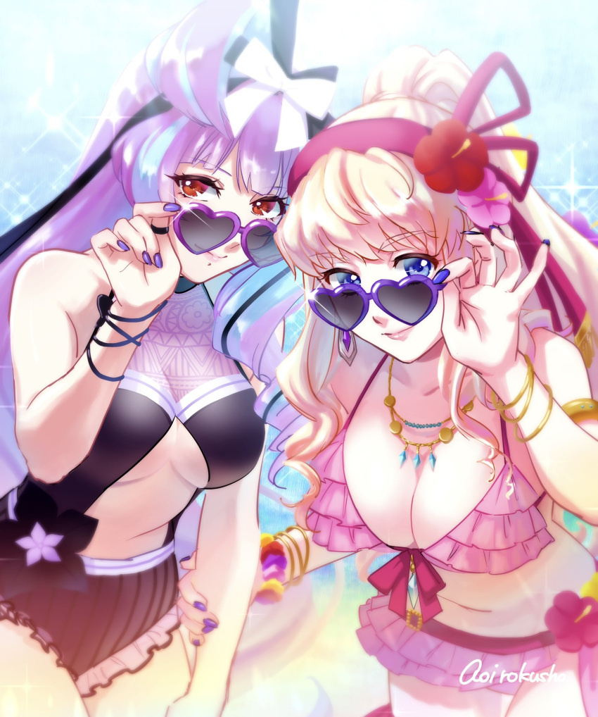 2girls aoi_rokushou arm_strap bikini black_swimsuit blonde_hair blue_eyes bow bracelet breasts cleavage frilled_bikini frills hair_bow hair_ribbon hand_on_eyewear heart heart-shaped_eyewear highres jewelry large_breasts macross macross_delta macross_frontier medium_breasts mikumo_guynemer multicolored_hair multiple_girls navel one-piece_swimsuit pink_bikini ponytail purple_hair red_eyes red_ribbon ribbon sheryl_nome smile sparkle streaked_hair sunglasses swimsuit uta_macross_sumaho_deculture white_bow