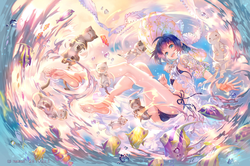 1girl air_bubble ass banned_artist bare_legs barefoot beach bikini blue_bikini blue_eyes blue_hair bubble cat caustics commentary_request fish floral_print hat innertube midori_foo multiple_others ocean open_mouth original partially_underwater_shot petals petals_on_liquid ripples rubber_duck see-through side-tie_bikini smile soles string_bikini sun_hat swimming swimsuit swimsuit_under_clothes underwater water waves
