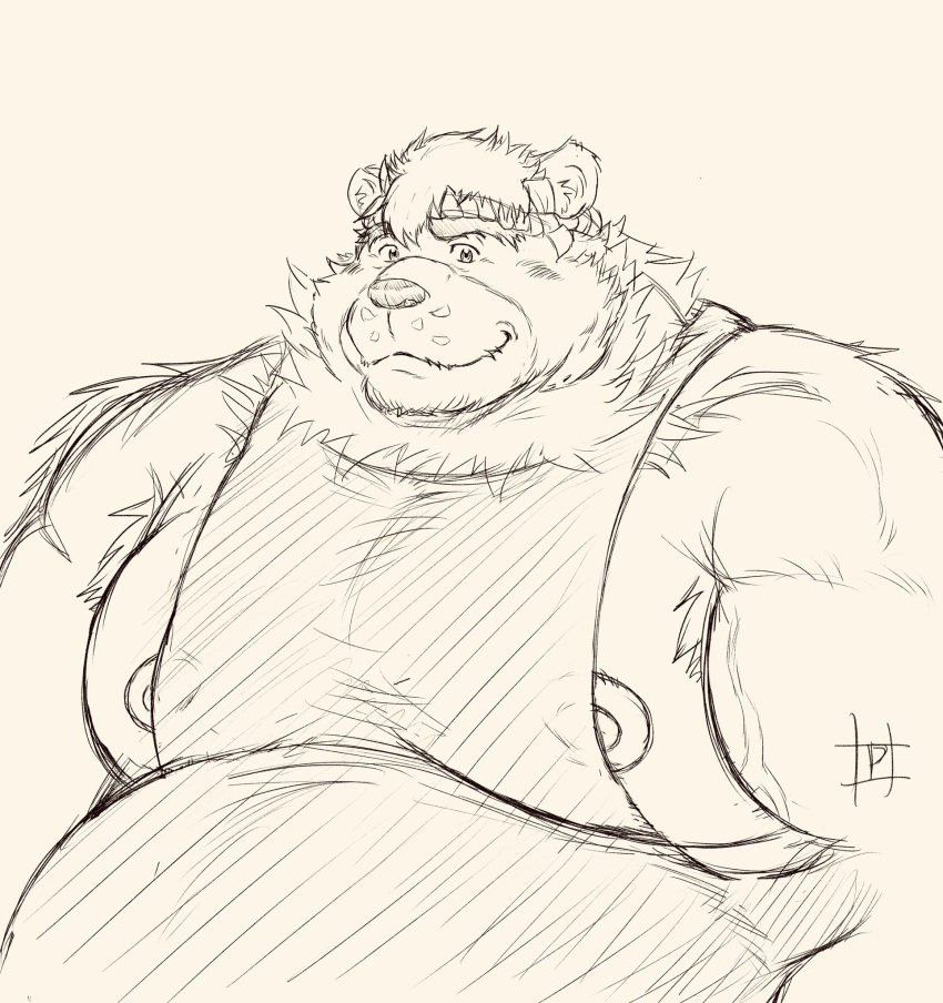 2022 anthro belly big_belly blush clothed clothing goro_(live-a-hero) hi_res kemono lifewonders live-a-hero male mammal moobs nipples overweight overweight_male pochizizi simple_background sketch solo ursid video_games