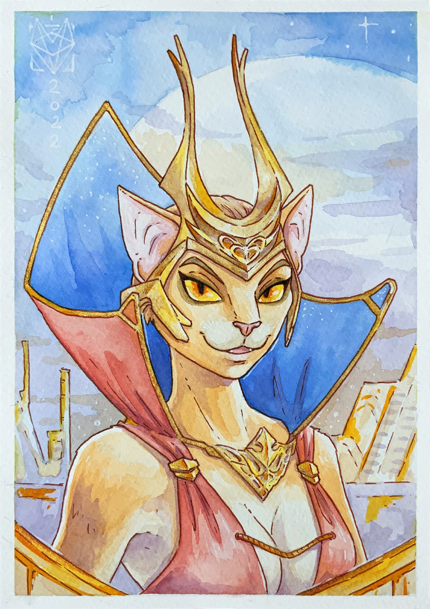 alien anthro breasts clothed clothing crown dress empress_jasana felid feline female hi_res kitsuneka-san looking_at_viewer mammal master_of_orion mrrshan mrrshan_empress portrait smile solo standing three-quarter_portrait traditional_media_(artwork)