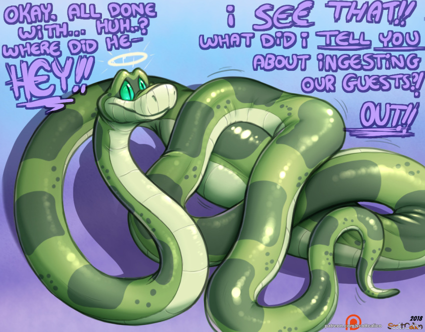 2018 after_vore angry artist_name body_inside_body bulge english_text female feral green_body green_eyes green_scales halo patreon python reptile scales scalie scott_calico snake solo text vore