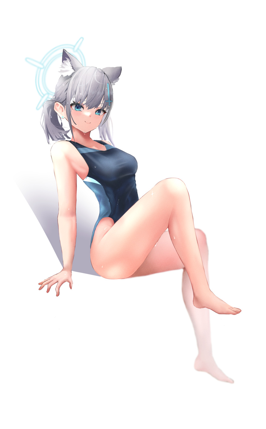 absurdres animal_ear_fluff animal_ears bangs barefoot black_swimsuit blue_archive blue_eyes breasts competition_swimsuit cross_hair_ornament grey_hair hair_ornament halo highres invisible_chair low_twintails medium_breasts medium_hair mismatched_pupils multicolored_clothes multicolored_swimsuit one-piece_swimsuit ric_(ric_rkgk) shiroko_(blue_archive) shiroko_(swimsuit)_(blue_archive) simple_background sitting swimsuit twintails white_background