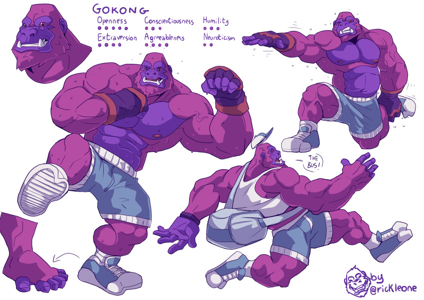 ape bodily_fluids boxer_(disambiguation) gokong gorilla gorilla_boxing_day haplorhine hi_res himbo male mammal model_sheet muscular muscular_male primate purple_body rickleone sweat tusks