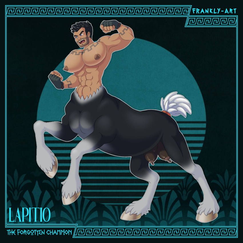 abs andromorph animal_genitalia bara_tiddies bara_tiddy barazoku big_pecs centaur chest_tattoo clothing crotch_breasts equid equid_taur equine european_mythology frankly-art genitals gloves greek_mythology handwear hi_res hooves humanoid humanoid_taur intersex lapitio_(pholus_reborn) male mammal mammal_taur moobs muscular muscular_intersex muscular_male mythology navel nipples open_mouth pecs pholus_reborn sheath short_tail solo stubble tail_tied tattoo taur teats tongue udders waist