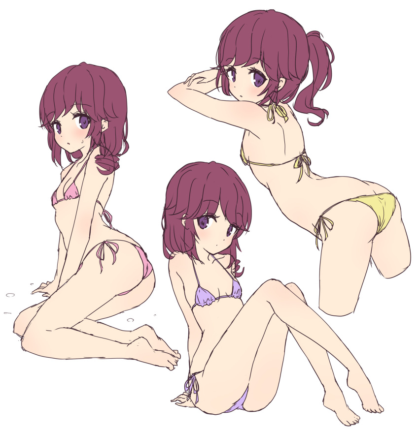 1girl ass bikini blush breasts brown_hair eyebrows_behind_hair full_body highres looking_at_viewer looking_back machikado_mazoku mel_(melty_pot) multiple_views open_mouth pink_bikini ponytail purple_bikini purple_eyes side-tie_bikini simple_background sketch small_breasts swimsuit white_background yellow_bikini yoshida_ryouko