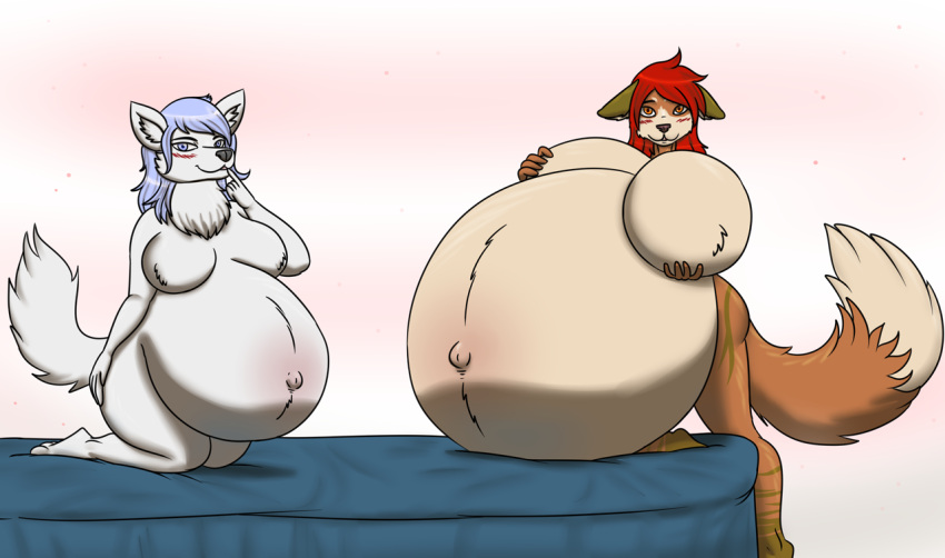 anthro arctic_fox bed belly_blush belly_overhang big_breasts black_nose blue_eyes blue_hair blush body_blush both_pregnant breasts brown_body brown_fur brown_nose canid canine canis countershading derrysome domestic_dog duo ears_down featureless_breasts female fluffy fluffy_tail fox fur furniture hair hand_on_breast hand_on_butt hand_on_face holding_breast huge_breasts husky hybrid hyper hyper_breasts hyper_pregnancy inner_ear_fluff kneeling long_hair looking_at_viewer mammal navel neck_tuft nordic_sled_dog nude on_bed orange_eyes outie_navel pivoted_ears pregnant pregnant_female red_hair simple_background snow_crystal solstice_dewinter spitz stripes tan_body tan_countershading thick_thighs tuft