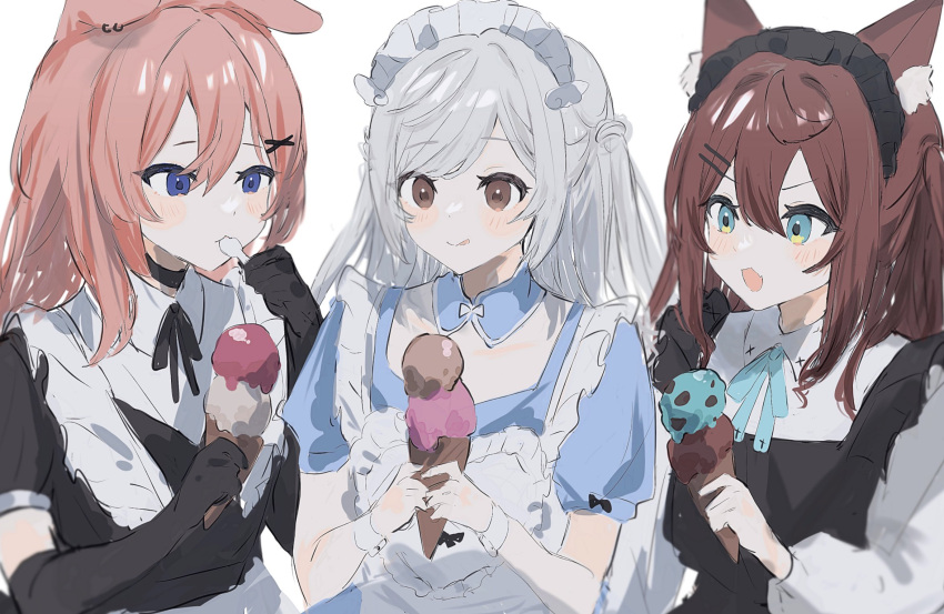 3girls :3 :d :q animal_ear_fluff animal_ears apron aqua_eyes aqua_ribbon black_gloves blue_eyes brown_hair detached_collar elbow_gloves fang food gloves grey_hair hair_ornament highres holding_ice_cream ice_cream ice_cream_cone ice_cream_spoon kohaku_sogo long_sleeves maid maid_apron mint_chocolate_chip multiple_girls original pink_hair ribbon short_sleeves smile spoon tasting tongue tongue_out wrist_cuffs x_hair_ornament