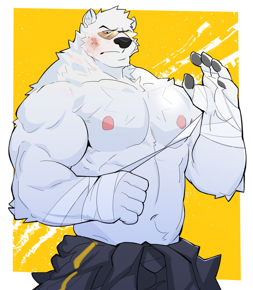 absurd_res anthro bruised clothed clothing eyewear hi_res male mammal muscular muscular_male nipples obstacle033 odd_taxi pecs polar_bear sekiguchi_(odd_taxi) simple_background solo sunglasses topless ursid ursine