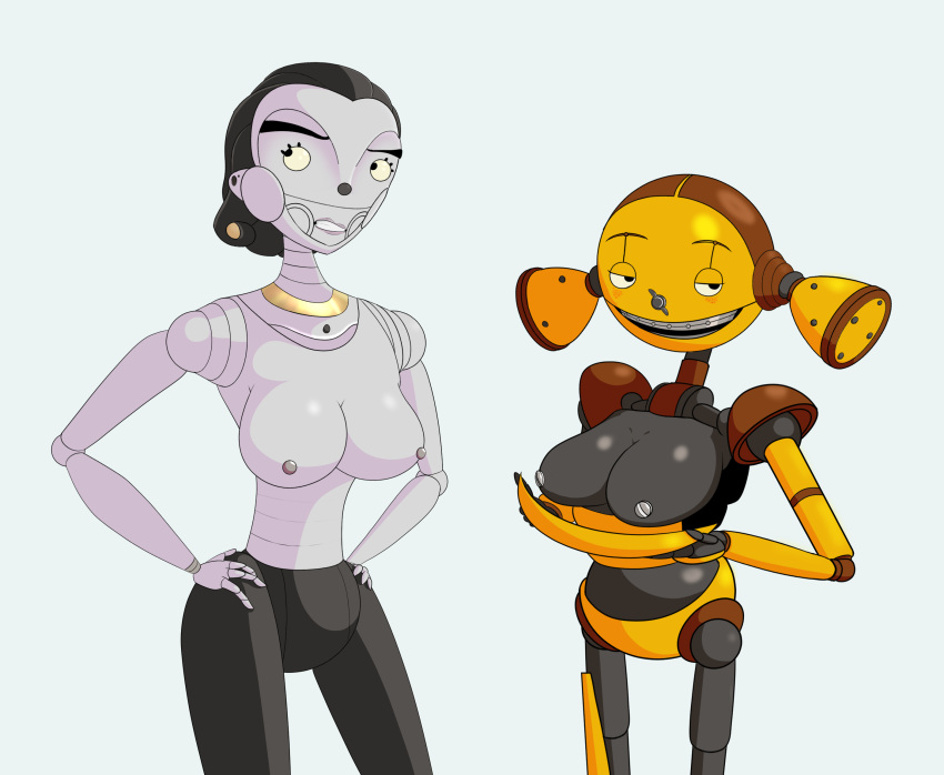 2022 blue_sky_studios braces breasts cappy_(robots) duo female hands_on_hips hi_res humanoid impstripe looking_aside machine metallic_body naughty_face nipples not_furry open_mouth open_smile piper_pinwheeler robot robot_humanoid robots_(film) smile