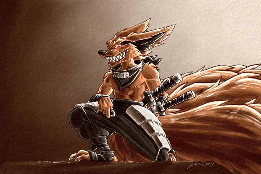 3:2 9_tails anthro arm_wraps armor baggy_pants bandanna bandanna_on_neck bandanna_scarf big_ears big_tail black_body black_clothing black_eyeshadow black_fur bottomwear canid canine clothing eyeshadow fluffy fluffy_tail foot_wraps fox fur glowing glowing_eyes grinning_at_viewer hi_res katana kerchief kneeling kunai kurama leg_armor leg_wraps makeup male mammal melee_weapon multi_tail muscular muscular_male naruto naruto_(series) ninja orange_body orange_fur pants red_eyes red_fox sash sharp_teeth sheathed_weapon sword teeth throwing_knife warrior weapon wraps