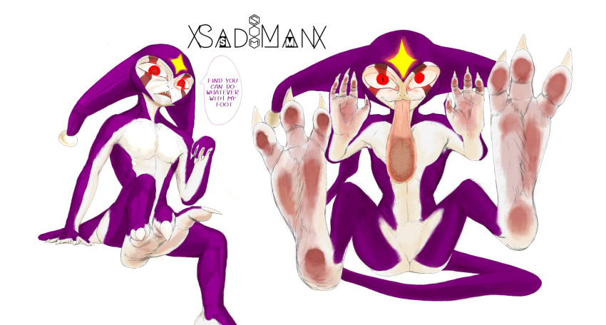 3_toes anthro billsabouman demon feet foot_fetish glass_surface hi_res hindpaw hyper hyper_tongue imp intersex jester licking long_tongue male maleherm nails pawpads paws soles solo toes tongue tongue_out xsad_manx(artist)