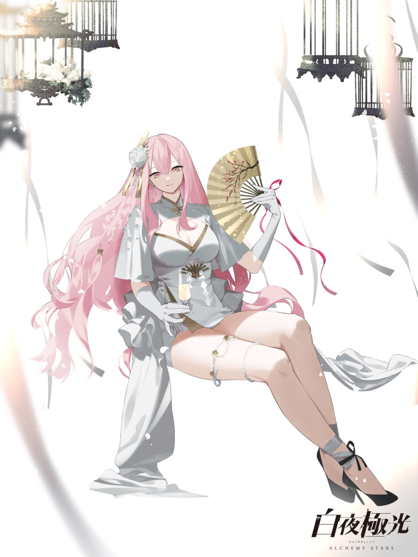 1girl alchemy_stars alternate_costume bangs black_footwear breasts cage champagne_flute cleavage closed_mouth copyright_name cup dress drinking_glass earrings flower full_body gloves hair_flower hair_ornament hand_fan high_heels highres holding holding_cup holding_fan invisible_chair jewelry kazari_tayu large_breasts long_hair pink_eyes pink_hair rinne_(alchemy_stars) sitting smile solo streamers thigh_strap white_dress white_gloves