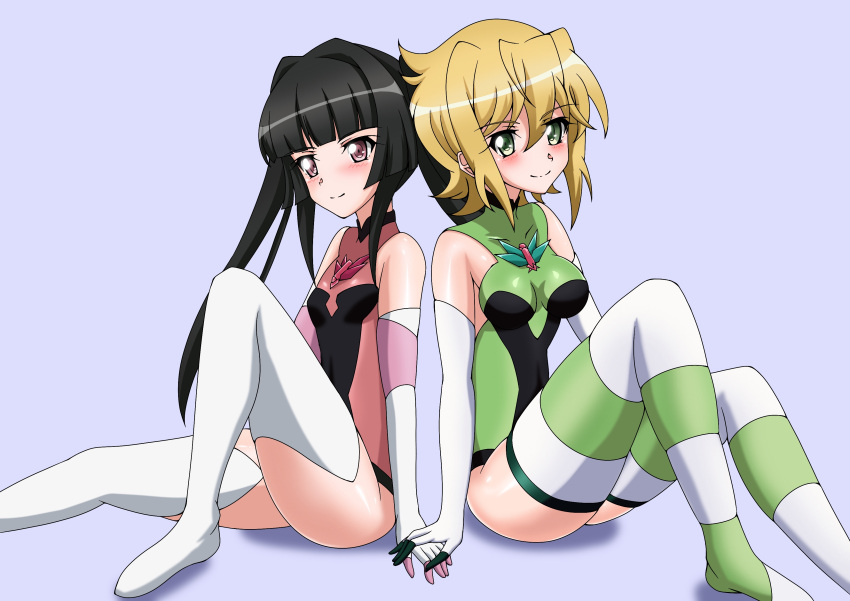 2girls absurdres akatsuki_kirika ass bare_shoulders black_hair blonde_hair blue_background blush bodysuit breasts closed_eyes closed_mouth elbow_gloves gloves green_bodysuit green_eyes hair_ornament highres holding_hands kyomeihibiki large_breasts long_hair looking_at_viewer multiple_girls pink_bodysuit pink_eyes senki_zesshou_symphogear shiny shiny_hair short_hair simple_background small_breasts smile thighhighs tsukuyomi_shirabe twintails x_hair_ornament yuri