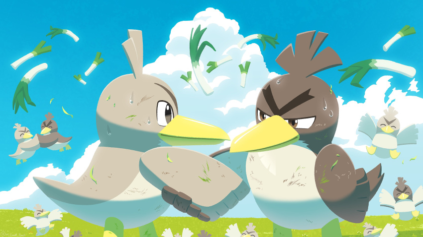absurdres brown_eyes cloud commentary_request day farfetch'd galarian_farfetch'd handshake highres komepan leaf no_humans outdoors pokemon pokemon_(creature) scratches sky sweat