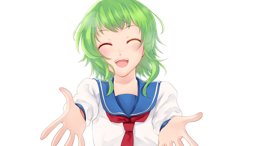 1girl :d ^_^ blouse blue_sailor_collar bluesky14715 blush breasts closed_eyes commentary_request green_hair gumi happy head_tilt highres long_sleeves necktie open_mouth red_necktie sailor_collar school_uniform serafuku shirt short_hair simple_background small_breasts smile solo teeth upper_body upper_teeth vocaloid white_background white_shirt