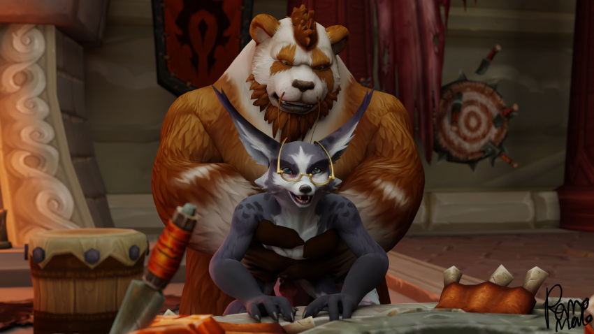 anal anthro blizzard_entertainment canid duo eyewear glasses hi_res knot male male/male mammal pandaren perromalo size_difference smile ursid video_games vulpera warcraft