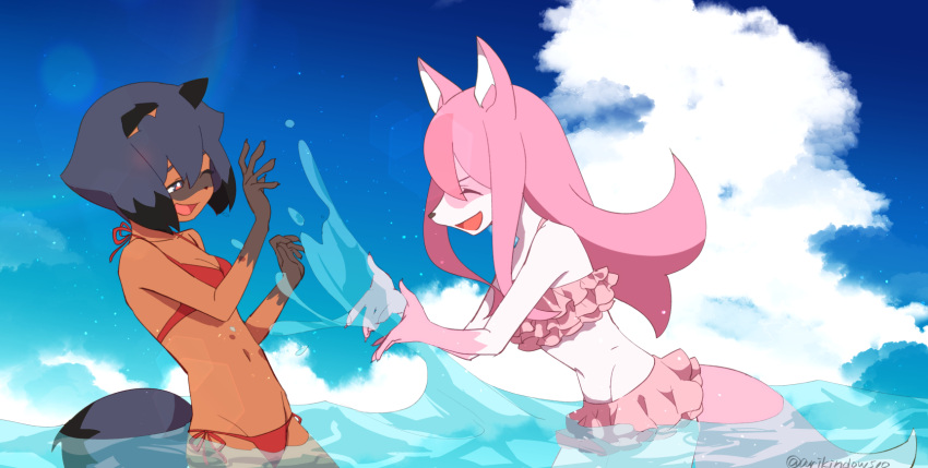 2girls animal_ears animal_nose aqua_eyes arikindows10 bangs bare_shoulders bikini black_hair blue_hair brand_new_animal breasts cleavage closed_eyes cloud cloudy_sky collarbone cowboy_shot day flipped_hair fox_ears fox_tail frilled_bikini frills groin hair_between_eyes halterneck hands_up highres hiwatashi_nazuna in_water kagemori_michiru long_hair looking_at_another medium_breasts multicolored_eyes multicolored_hair multiple_girls navel non-circular_lens_flare ocean one_eye_closed open_mouth pink_bikini pink_eyes pink_hair pixie_cut raccoon_ears raccoon_girl raccoon_tail red_bikini short_hair_with_long_locks side-tie_bikini sidelocks sky smile splashing swimsuit tail twitter_username two-tone_hair