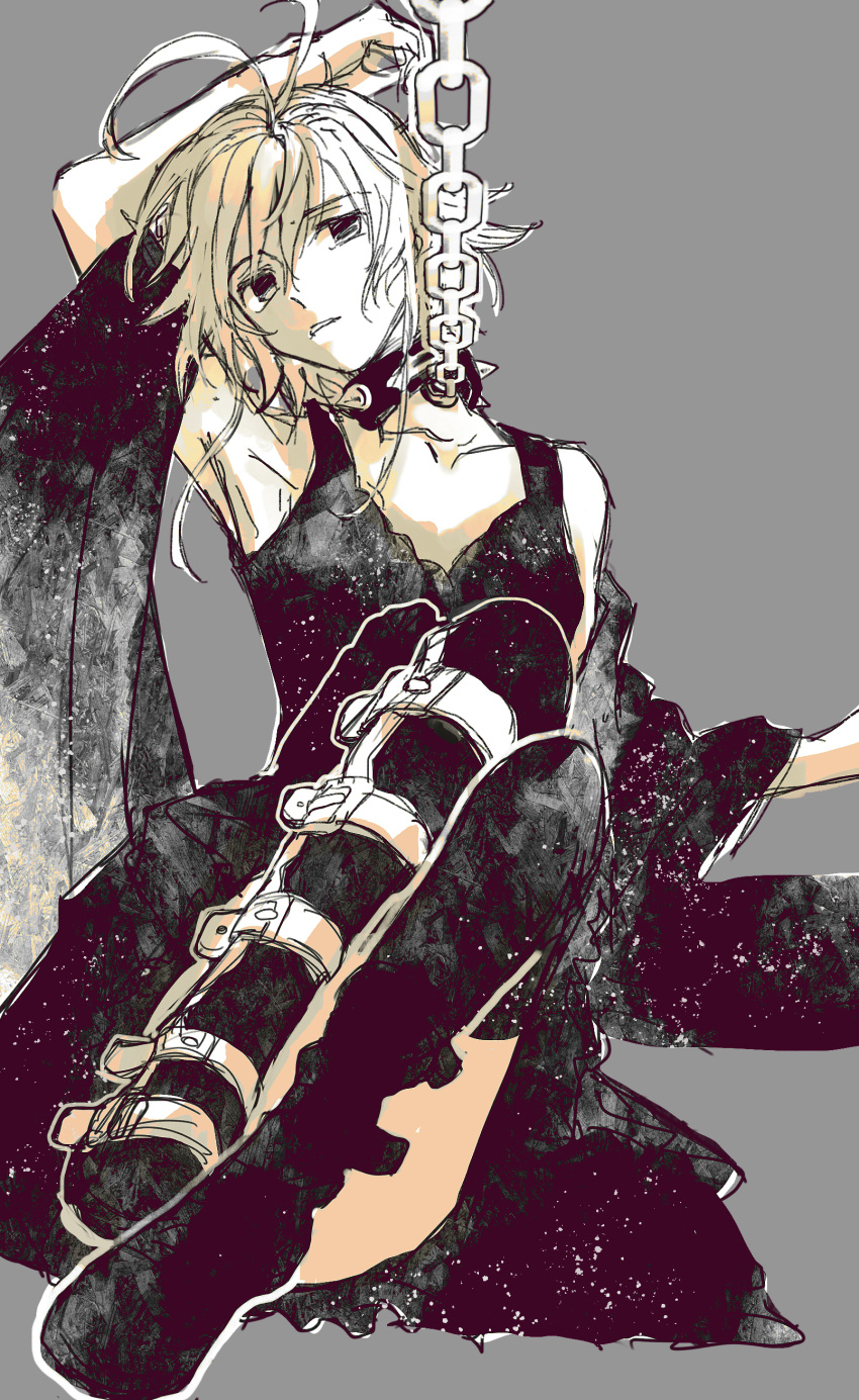 1girl absurdres antenna_hair arm_up armpits black_dress black_footwear boots chain clamp_(circle)_(style) collar dress full_body grey_background greyscale highres karen_le_cao koyomania1840 looking_at_viewer monochrome parted_lips sakura_hime sash short_dress sidelocks simple_background sitting sketch sleeveless sleeveless_dress solo thigh_boots tsubasa_chronicle