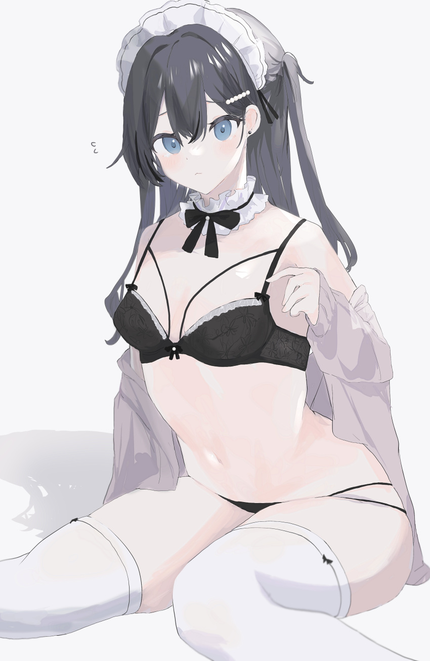 1girl :3 absurdres black_bow black_bra black_hair blue_eyes bow bra commentary earrings frilled_bra frills highres jewelry kohaku_sogo maid_headdress multi-strapped_panties navel open_clothes original solo thighhighs two_side_up underwear underwear_only