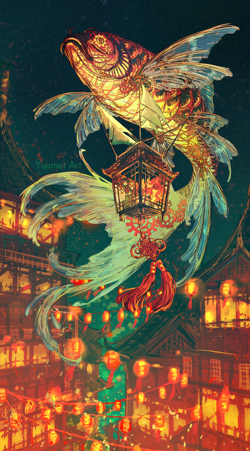 1other aircraft airship ambiguous_gender architecture artist_name child chinese_knot commentary east_asian_architecture fox from_below gears glowing highres kitsune lantern light light_particles night original outdoors surreal yuumei