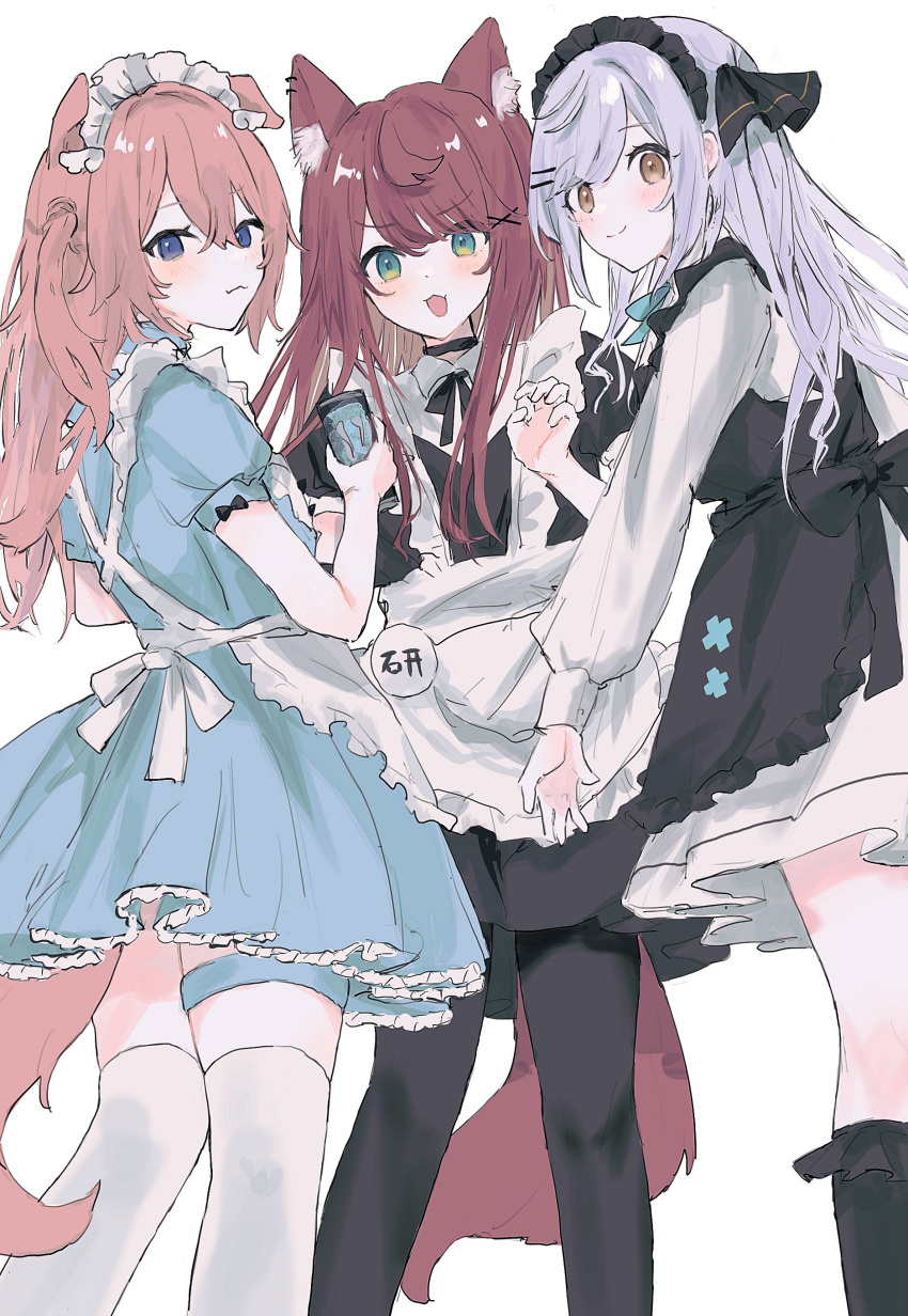 3girls :d absurdres animal_ear_fluff animal_ears aqua_eyes black_choker black_legwear blue_dress blue_eyes blush bobby_socks brown_eyes brown_hair can choker dress energy_drink fang fang_out frilled_dress frills hair_ornament hairclip highres holding holding_can kneehighs kohaku_sogo light_purple_hair looking_at_viewer looking_back maid maid_headdress multiple_girls original pantyhose puffy_short_sleeves puffy_sleeves short_sleeves skin_fang smile socks tail thigh_strap thighhighs two_side_up white_legwear x_hair_ornament