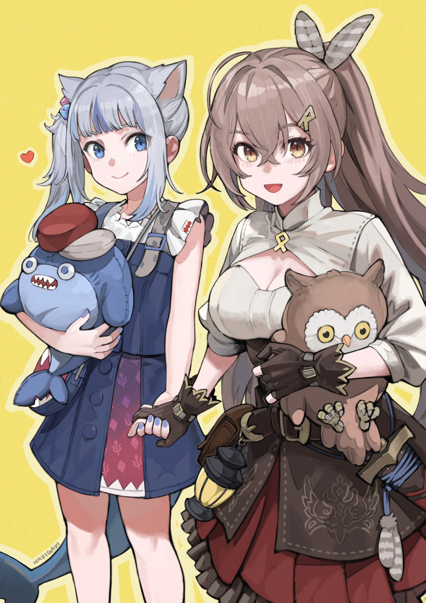 2girls :d ahoge artist_name bangs belt belt_pouch bloop_(gawr_gura) blue_eyes blue_hair blue_nails blue_skirt blush breasts brown_belt brown_eyes brown_gloves brown_hair cleavage_cutout closed_mouth clothing_cutout commentary commission crossed_bangs dagger english_commentary eyes_visible_through_hair feather_hair_ornament feathers feet_out_of_frame fish_tail flat_chest frilled_shirt frilled_skirt frills gawr_gura gloves grey_hair hair_between_eyes hair_intakes hair_ornament hairclip heart highres holding holding_hands holding_stuffed_toy hololive hololive_english jun_(seojh1029) knife lantern long_hair looking_at_viewer medium_breasts medium_hair multicolored_hair multiple_girls nail_polish nanashi_mumei official_alternate_costume open_mouth outline partially_fingerless_gloves pleated_skirt ponytail pouch red_skirt scabbard shark_print shark_tail sheath sheathed shirt signature simple_background skeb_commission skirt skirt_set sleeveless sleeveless_shirt smile standing streaked_hair stuffed_animal stuffed_owl stuffed_shark stuffed_toy tail two-tone_hair virtual_youtuber weapon white_shirt yellow_background