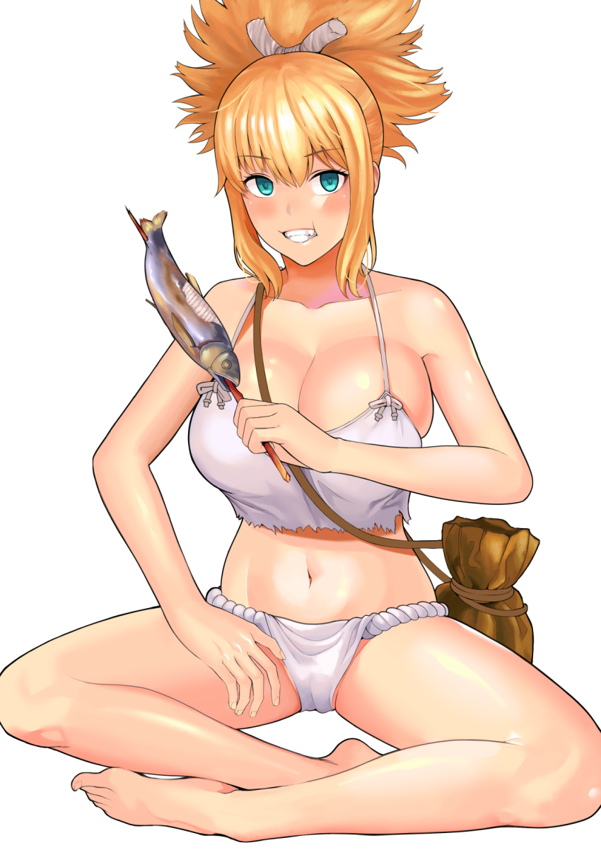 1girl bangs bare_shoulders barefoot blonde_hair blue_eyes blush breasts cameltoe camisole cleavage collarbone commentary crop_top dr._stone fish_(food) fundoshi grin hand_on_own_thigh hand_up highres holding japanese_clothes kohaku_(dr._stone) large_breasts looking_at_viewer mashmocha navel simple_background sitting skindentation smile solo thighs white_background white_camisole