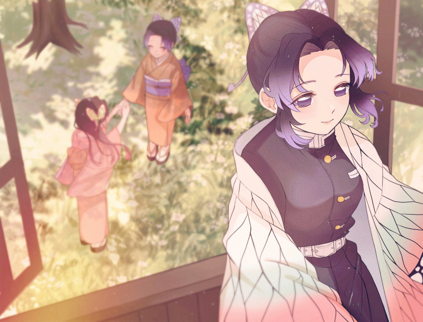 3girls absurdres belt black_hair blurry breasts butterfly_hair_ornament child demon_slayer_uniform depth_of_field female_child floating_hair geta hair_ornament haori highres holding_hands indoors japanese_clothes kimetsu_no_yaiba kimono kochou_kanae kochou_shinobu leaning_back long_hair long_sleeves looking_afar memory multiple_girls obi off_shoulder open_window outstretched_arm outstretched_arms own_hands_together purple_eyes purple_hair sash siblings sidelocks sisters solo_focus standing tabi tree_shade updo user_vstz7772 wind window younger