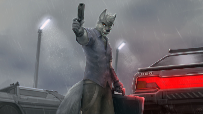 absurd_res anthro bleak_ambiance briefcase canid canine canis car cloudy_sky cybernetic_arm cybernetic_limb cybernetics cyberpunk futuristic_theme gorezing gun hi_res highway legend_of_ahya machine male mammal metal_arm raining ranged_weapon scar solo street_lamp vehicle weapon wet