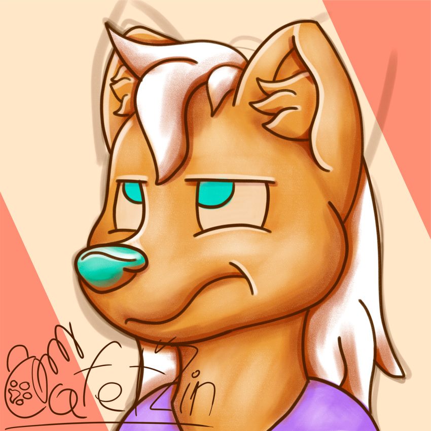 annoyed anthro blue_eyes blue_nose cafet'zin_(artist) canid canine canis domestic_dog female fur hair hi_res inner_ear_fluff long_hair mammal shaded signature simple_background simple_shading solo tan_body tan_fur tuft white_hair