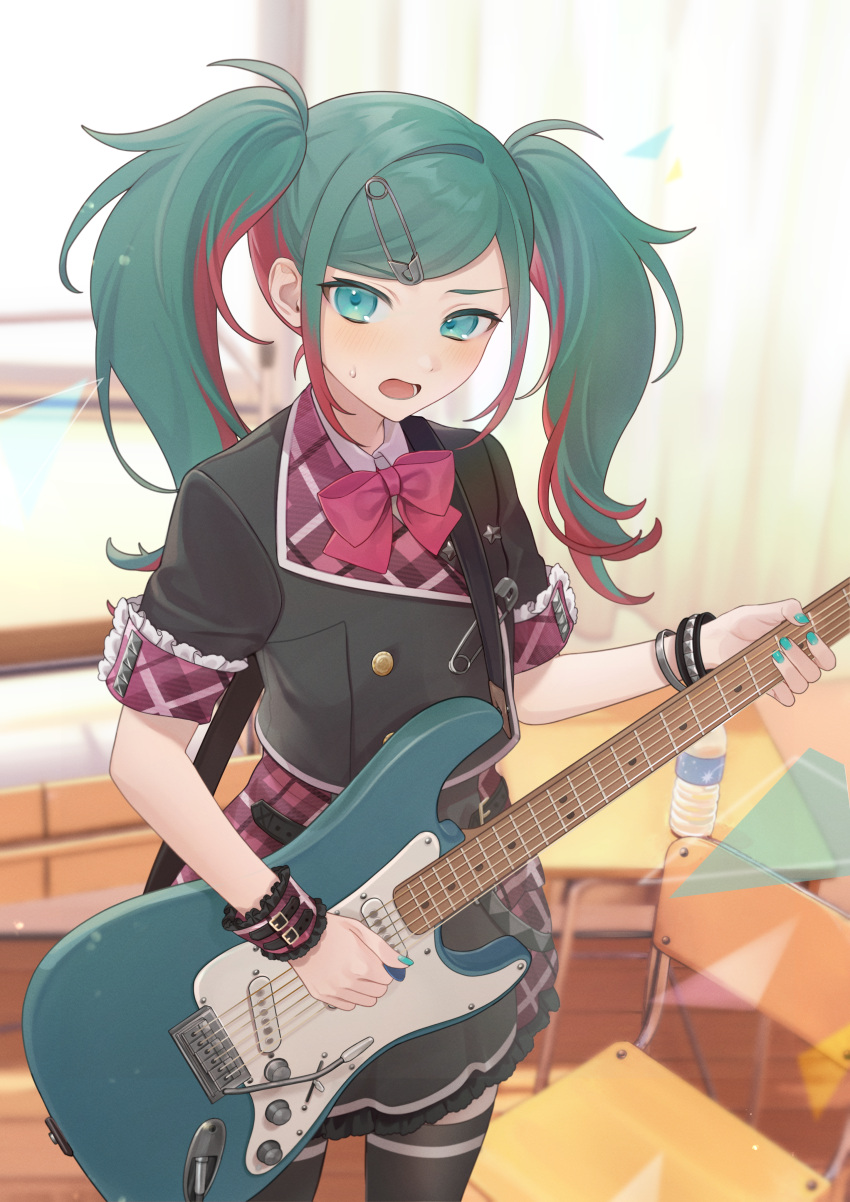 1girl absurdres belt blue_eyes blush bottle bow bowtie buttons double-breasted electric_guitar fender_stratocaster flustered frills green_eyes green_hair guitar hair_ornament hairclip hatsune_miku highres holding holding_instrument indoors instrument leo/need_(project_sekai) multicolored_hair nail_polish open_mouth pink_hair plaid project_sekai safety_pin school_uniform short_sleeves skirt solo streaked_hair sweat thighhighs twintails two-tone_hair vocaloid vs0mr water_bottle wrist_cuffs