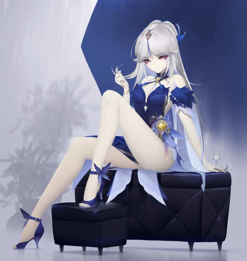 1girl absurdres bangs bare_legs bare_shoulders black_footwear blue_dress bracelet breasts champagne_flute claw_ring cleavage closed_mouth commentary_request couch cup dress drinking_glass full_body genshin_impact grey_hair hand_in_own_hair high_heels highres jewelry juffles knee_up legs light_smile long_hair looking_at_viewer medium_breasts ningguang_(genshin_impact) parted_bangs parted_hair plant pumps red_eyes ring sitting solo vase very_long_hair vision_(genshin_impact)