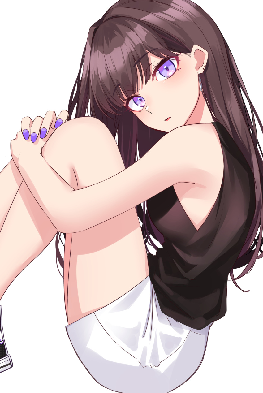 1girl absurdres bangs black_hair commentary from_side highres hugging_own_legs ichiki_1 long_hair looking_at_viewer nail_polish original purple_eyes shorts sitting sleeveless solo white_background