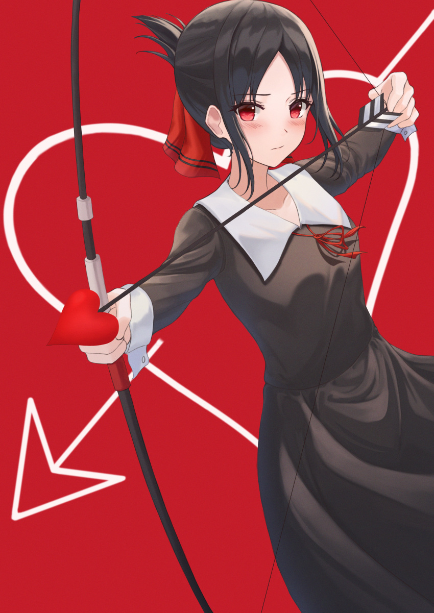 1girl :/ absurdres arrow_(projectile) bangs bj8103 black_dress black_hair blush bow_(weapon) closed_mouth collarbone commentary_request drawing_bow dress eyelashes folded_ponytail highres holding holding_arrow holding_bow_(weapon) holding_weapon kaguya-sama_wa_kokurasetai_~tensai-tachi_no_renai_zunousen~ long_sleeves looking_at_viewer neck_ribbon parted_bangs red_background red_eyes red_ribbon ribbon school_uniform serafuku shinomiya_kaguya short_hair shuuchiin_academy_school_uniform sidelocks solo weapon white_serafuku wrist_cuffs