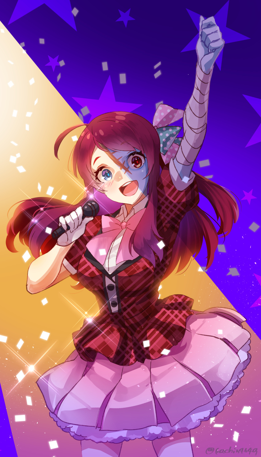 1girl :d absurdres ahoge arm_up bandaged_arm bandages blue_eyes blush bow bowtie breasts frilled_skirt frills glint hair_ribbon hand_up heterochromia highres holding holding_microphone idol kachin large_breasts looking_at_viewer microphone minamoto_sakura multicolored_background open_mouth pink_bow pink_bowtie pink_skirt polka_dot polka_dot_ribbon puffy_short_sleeves puffy_sleeves red_eyes red_hair red_shirt ribbon scar scar_on_face shirt short_sleeves skirt smile solo teeth twitter_username upper_teeth zombie_land_saga