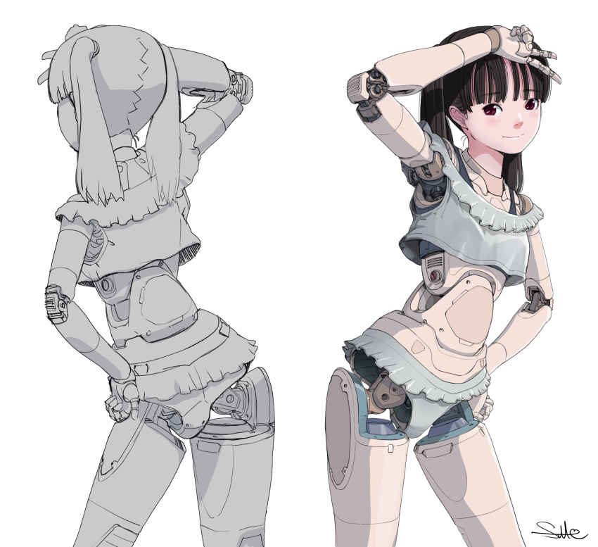 1girl android black_bra black_hair bra cropped_shirt frilled_panties frilled_shirt frills grey_panties grey_shirt hand_on_hip highres leaning_to_the_side looking_at_viewer multiple_views original panties red_eyes shirt smile sukabu twintails underwear v