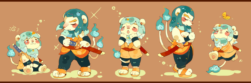 2015 3_toes anthro blue_hair brown_background clothed clothing duo eyebrows eyes_closed feet felid footwear hair hi_res holding_object holding_sword holding_weapon lie-in_(yo-kai_watch) lie-in_heart lion male mammal melee_weapon multi_tail osakin032 pantherine sandals simple_background sword toes video_games weapon white_body yo-kai_watch young