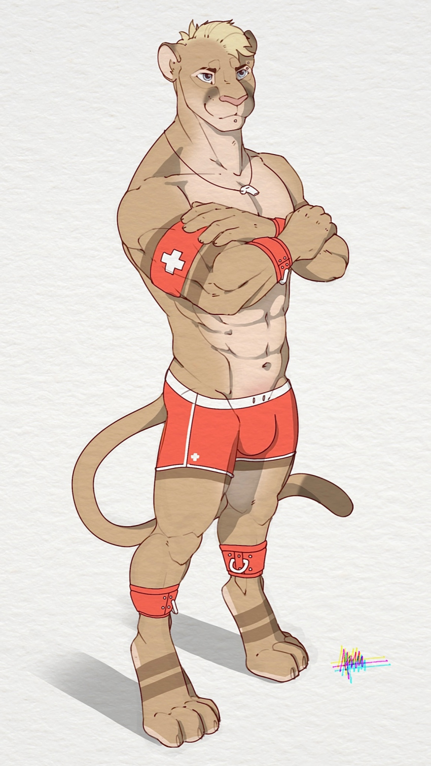 anthro apollo_the_cougar apollo_the_cougar_(artist) armband clothing cougar cuffs_(clothing) felid feline hi_res lifeguard lifeguard_swimsuit male male/male mammal solo swimwear