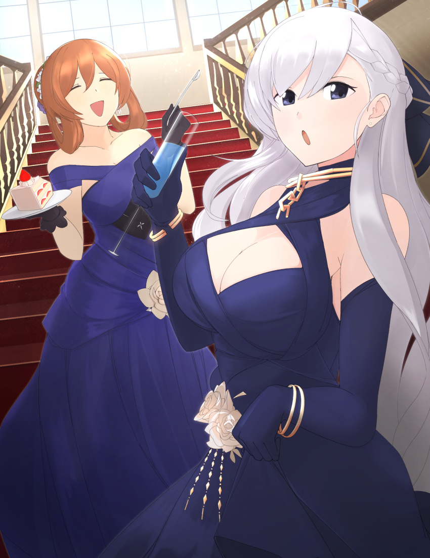 2girls :d azur_lane bare_shoulders belfast_(azur_lane) belfast_(the_noble_attendant)_(azur_lane) blue_dress braid breasts broken broken_chain cake cake_slice chain champagne_flute cleavage cleavage_cutout clothing_cutout crossover cup dress drink drinking_glass elbow_gloves evening_gown flower food french_braid girls'_frontline gloves gold_necklace highres holding horie_yui i211 multiple_girls official_alternate_costume open_mouth plate rose smile spoon springfield_(girls'_frontline) springfield_(queen_in_radiance)_(girls'_frontline) stairs voice_actor_connection white_flower white_rose