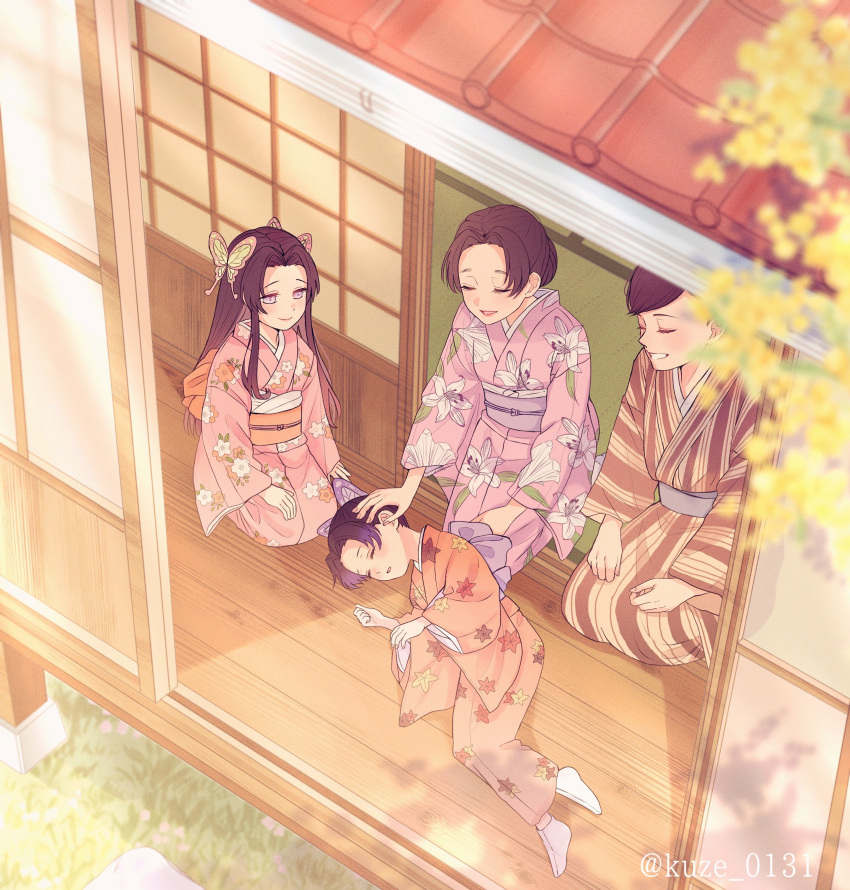 1boy 3girls absurdres bangs black_hair blurry butterfly_hair_ornament child day depth_of_field extra family female_child floral_print flower from_outside grass hair_ornament happy highres japanese_clothes kimetsu_no_yaiba kimono kochou_kanae kochou_shinobu long_hair long_sleeves looking_at_another lying multiple_girls no_shoes on_floor on_side parted_bangs porch purple_hair seiza shouji siblings sisters sitting sleeping sliding_doors smile striped tabi tatami twitter_username updo user_vstz7772 veranda vertical_stripes white_legwear yellow_flower younger