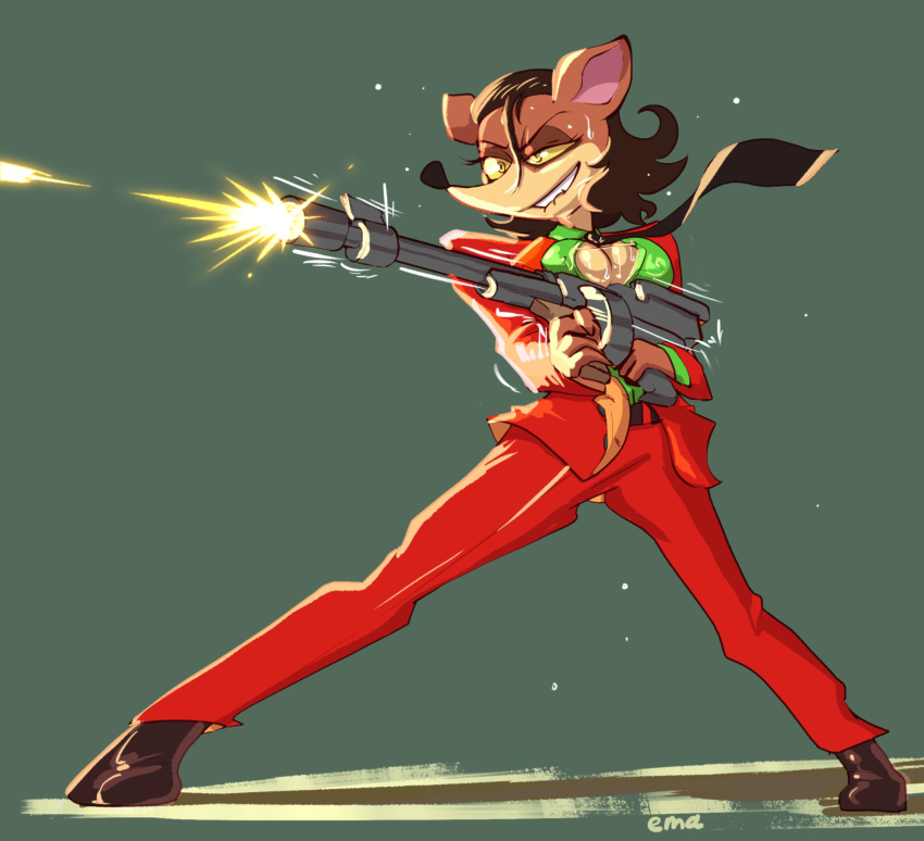 2022 action_pose activision anthro bite biting_lip biting_own_lip breasts brown_body brown_hair cleavage clothed clothing crash_bandicoot_(series) crossgender ema_npr female firing green_clothing green_shirt green_topwear gun hair hi_res holding_gun holding_object holding_weapon macropod mammal marsupial mtf_crossgender necktie open_clothing open_shirt open_topwear pinstripe_potoroo pose potoroo ranged_weapon red_suit self_bite shirt solo standing suit topwear video_games weapon