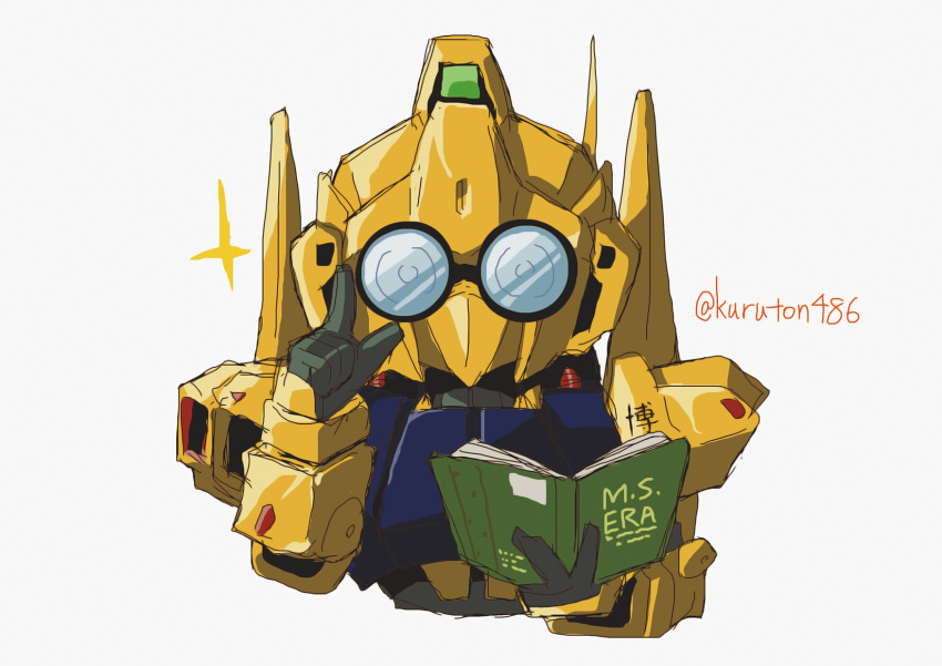 book chibi glasses gundam highres holding holding_book hyaku_shiki kuruton486 mecha mobile_suit no_humans pointing pointing_up portrait robot round_eyewear science_fiction sketch solo sparkle twitter_username white_background zeta_gundam