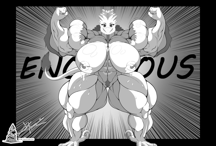 absurd_res anthro avian big_muscles bodily_fluids breasts butt charlotte(gryphon) feathers female genitals gryphon hi_res huge_muscles hyper hyper_muscles lactating muscular muscular_female mythological_avian mythology nidus6969 pussy solo talons