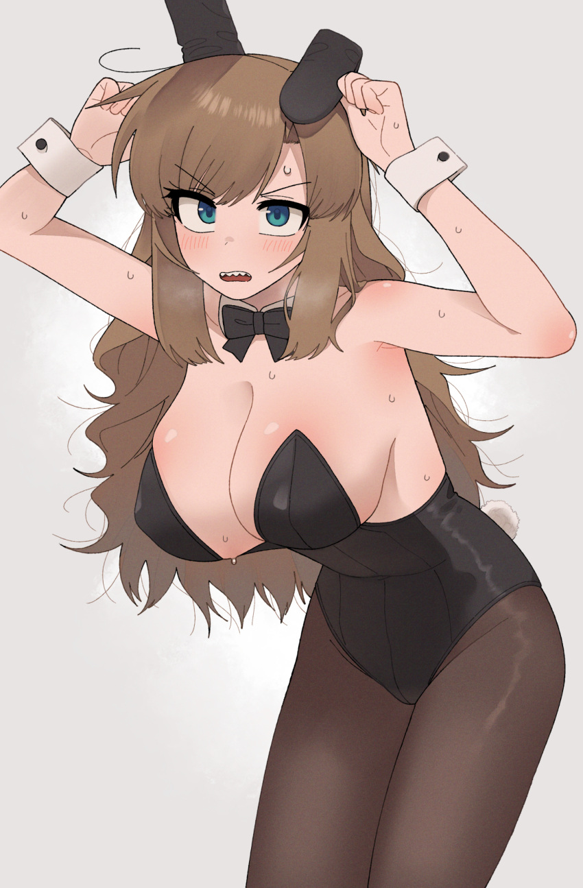 1girl animal_ears aqua_eyes arms_up bangs bare_shoulders black_bow black_bowtie black_leotard blush bow bowtie breasts breath brown_hair brown_legwear character_request cleavage commentary_request copyright_request covered_navel crotch_seam detached_collar fake_animal_ears fake_tail grey_background highleg highleg_leotard highres huge_breasts korean_commentary leotard long_hair looking_at_viewer mons_pubis nakta open_mouth pantyhose playboy_bunny rabbit_ears rabbit_tail sharp_teeth shiny shiny_clothes sidelocks solo strapless strapless_leotard sweat tail teeth upper_teeth v-shaped_eyebrows wrist_cuffs